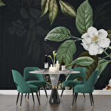 Beyaz Çiçek ve Yaprak Desenli Duvar Kağıdı Baskı