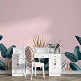 Pembe Zemin ve Yeşil Yaprak Temalı Duvar Kağıdı Baskı