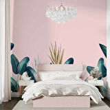 Pembe Zemin ve Yeşil Yaprak Temalı Duvar Kağıdı Baskı