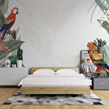Papağan ve Yeşil Yaprak Temalı Duvar Kağıdı Baskı