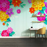 Mavi Arkaplan ve Renkli Çiçek Temalı Duvar Kağıdı