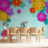 Mavi Arkaplan ve Renkli Çiçek Temalı Duvar Kağıdı