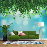 Mavi Parıltılı Zeminli Yaprak Temalı Duvar Kağıdı