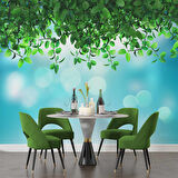 Mavi Parıltılı Zeminli Yaprak Temalı Duvar Kağıdı