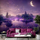 Mor Romantik Gece Göl Kenarı Temalı Duvar Kağıdı Baskı