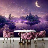 Mor Romantik Gece Göl Kenarı Temalı Duvar Kağıdı Baskı