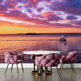 Mor Romantik Gece Deniz Kenarı Flamingo Temalı Duvar Kağıdı Baskı