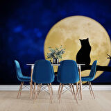 Kedi ve Ay Temalı Duvar Kağıdı Baskı