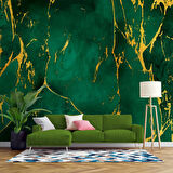 Zümrüt Yeşili Zeminli ve Altın Hat Mermer Temalı Duvar Kağıdı