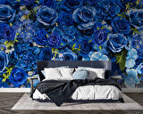3 Boyutlu Mavi Çiçek Desenli Duvar Kağıdı