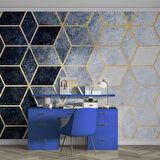 Lacivert Beyaz Geometrik Mermer Desenli Duvar Kağıdı