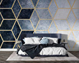 Lacivert Beyaz Geometrik Mermer Desenli Duvar Kağıdı