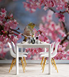 Pembe Çiçek ve Kuş Manzaralı Duvar Kağıdı