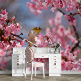 Pembe Çiçek ve Kuş Manzaralı Duvar Kağıdı