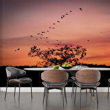 Günbatımı Ağaç ve Kuş Gölgesi Manzaralı Duvar Kağıdı