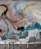 Pembe Mavi Altın Mermer Desenli Duvar Kağıdı