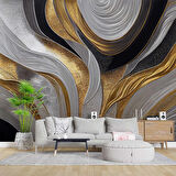 3 Boyutlu Siyah Gri Altın Simli Desenli Duvar Kağıdı