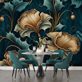 Koyu Yeşil Zeminli Altın Yaprak Desenli Duvar Kağıdı