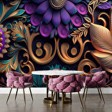 3 Boyutlu Mor Çiçek Desenli Duvar Kağıdı