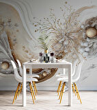 3 Boyutlu Altın Dal ve Beyaz Çiçek Desenli Duvar Kağıdı