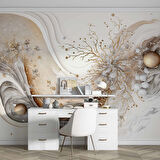 3 Boyutlu Altın Dal ve Beyaz Çiçek Desenli Duvar Kağıdı