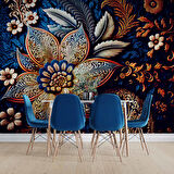 3 Boyutlu Lacivert Zeminli Altın Çiçek Desenli Duvar Kağıdı