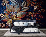 3 Boyutlu Lacivert Zeminli Altın Çiçek Desenli Duvar Kağıdı