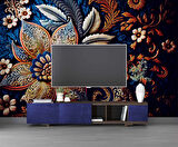 3 Boyutlu Lacivert Zeminli Altın Çiçek Desenli Duvar Kağıdı