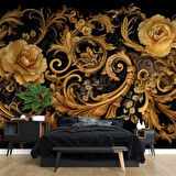 3 Boyutlu Altın Çiçek Temalı Duvar Kağıdı