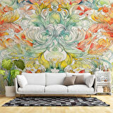 Renkli Çizim Sanatsal Yapraklı Desenli Duvar Kağıdı