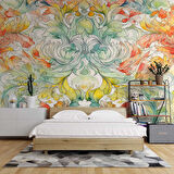 Renkli Çizim Sanatsal Yapraklı Desenli Duvar Kağıdı