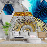 3 Boyutlu Gri Mavi Altın Varak Desenli Duvar Kağıdı