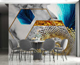 3 Boyutlu Gri Mavi Altın Varak Desenli Duvar Kağıdı