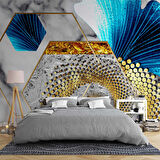 3 Boyutlu Gri Mavi Altın Varak Desenli Duvar Kağıdı