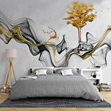 3 Boyutlu Gri Boyama Altın Geyik ve Ağaç Desenli Duvar Kağıdı