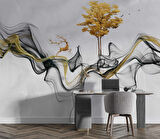 3 Boyutlu Gri Boyama Altın Geyik ve Ağaç Desenli Duvar Kağıdı