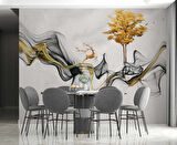 3 Boyutlu Gri Boyama Altın Geyik ve Ağaç Desenli Duvar Kağıdı