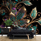  Boyutlu Altın Yeşil Çiçek Desenli Duvar Kağıdı