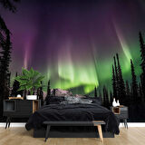 Gece Dağ ve Orman Kutup Işıkları Manzaralı Duvar Kağıdı