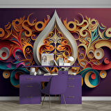 3 Boyutlu Bordo Zemin ve Altın Figür Desenli Duvar Kağıdı