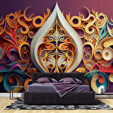 3 Boyutlu Bordo Zemin ve Altın Figür Desenli Duvar Kağıdı