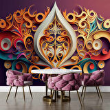 3 Boyutlu Bordo Zemin ve Altın Figür Desenli Duvar Kağıdı