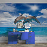 Deniz ve Yunus Balığı Dansı Manzaralı Duvar Kağıdı