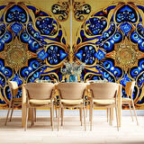 Sarı Lacivert Mandala Desenli Duvar Kağıdı