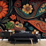 Kırmızı Yeşil Çiçek Çizimi Desenli Duvar Kağıdı