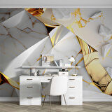 3 Buyutlu Beyaz Mermer ve Altın Kaplama Desenli Duvar Kağıdı