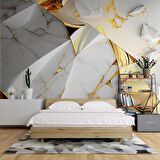 3 Buyutlu Beyaz Mermer ve Altın Kaplama Desenli Duvar Kağıdı
