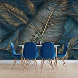 Mavi Tonlu Altın Yaprak Desenli Duvar Kağıdı