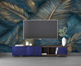 Mavi Tonlu Altın Yaprak Desenli Duvar Kağıdı