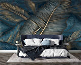 Mavi Tonlu Altın Yaprak Desenli Duvar Kağıdı